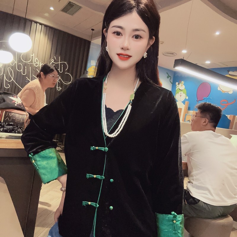 春秋季新中式国风圆领丝绒两面穿外套女装浮光锦气质百搭显瘦上衣