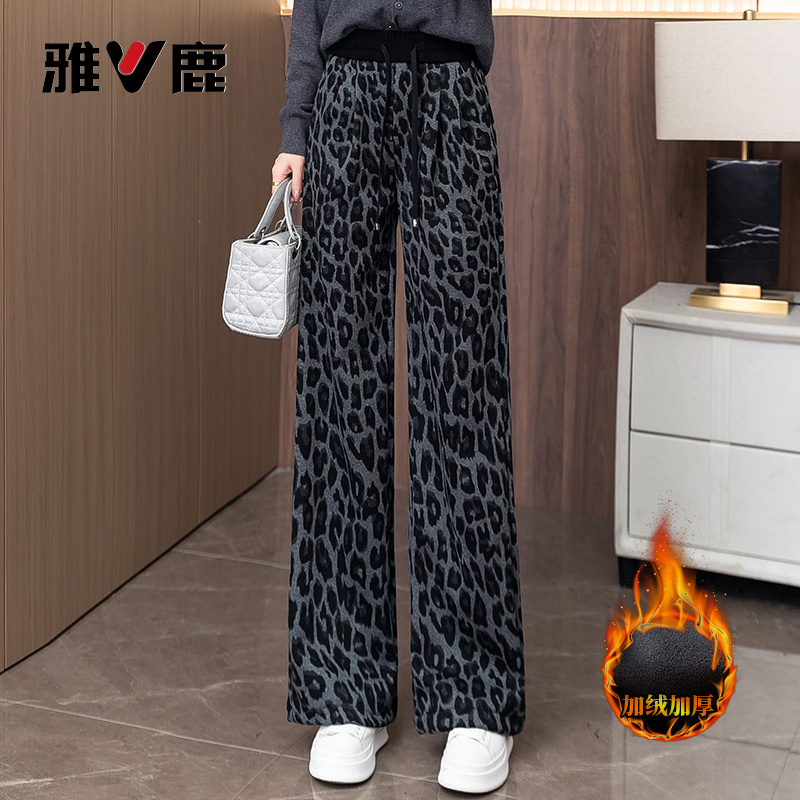 雅鹿豹纹时尚松紧腰窄版阔腿裤女2025秋冬加绒高腰宽松垂感直筒裤
