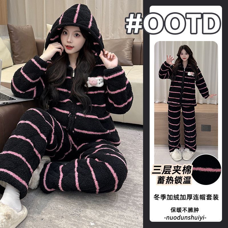 半边绒三层夹棉加绒加厚2025冬季睡衣女珊瑚绒保暖条纹家居服外穿