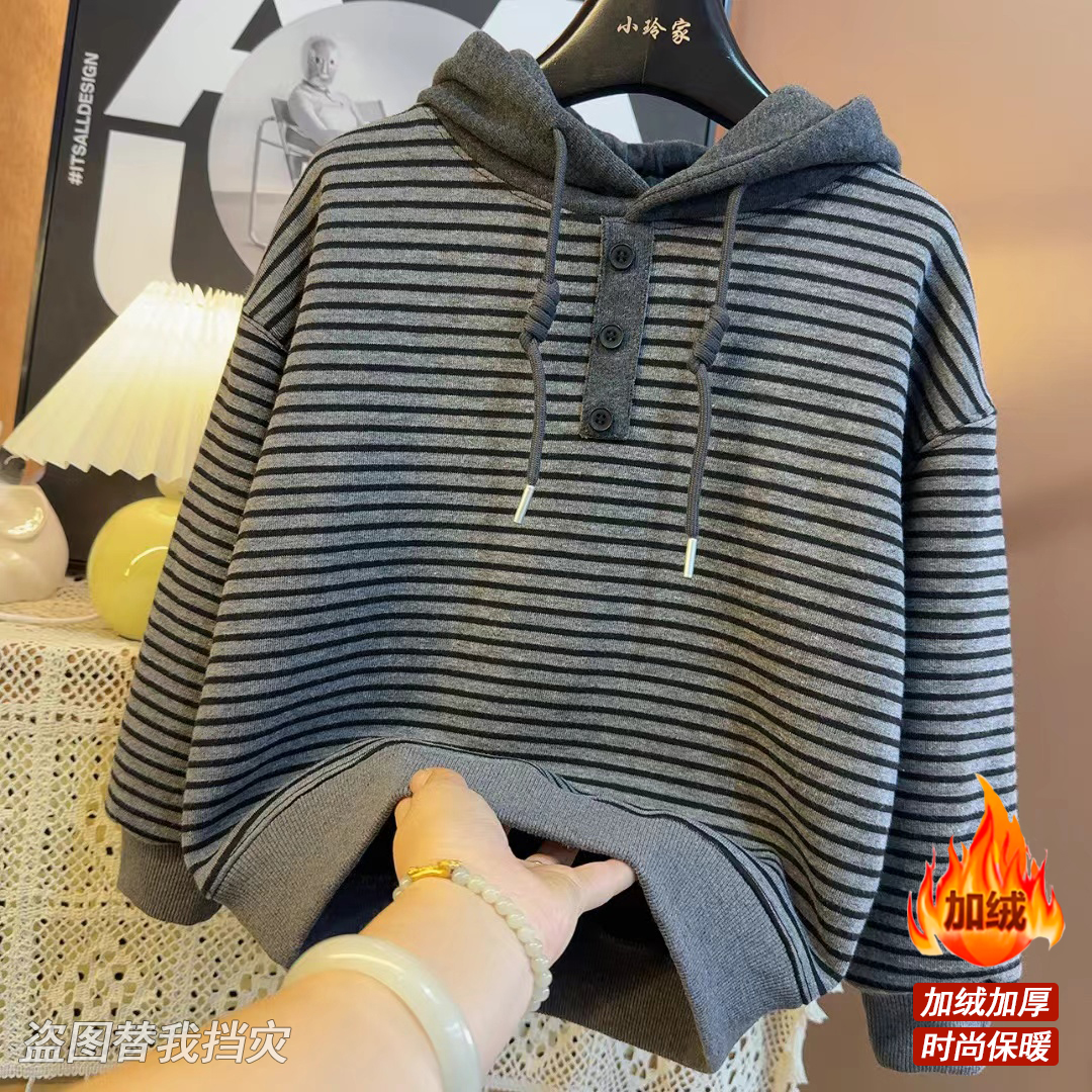 【加绒】专柜高定款秋冬新款儿童韩版条纹连帽时尚上衣S9625