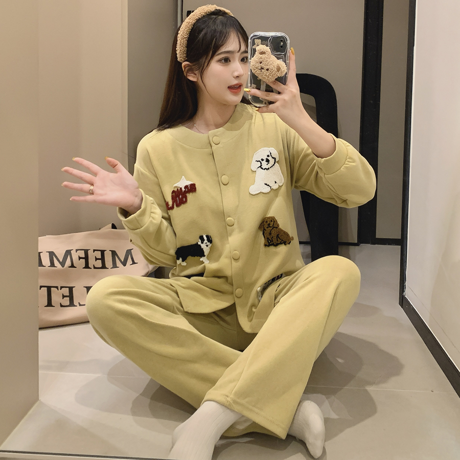秋冬季德绒开衫长袖睡衣女可爱甜美薄绒保暖家居服宽松可外穿套装