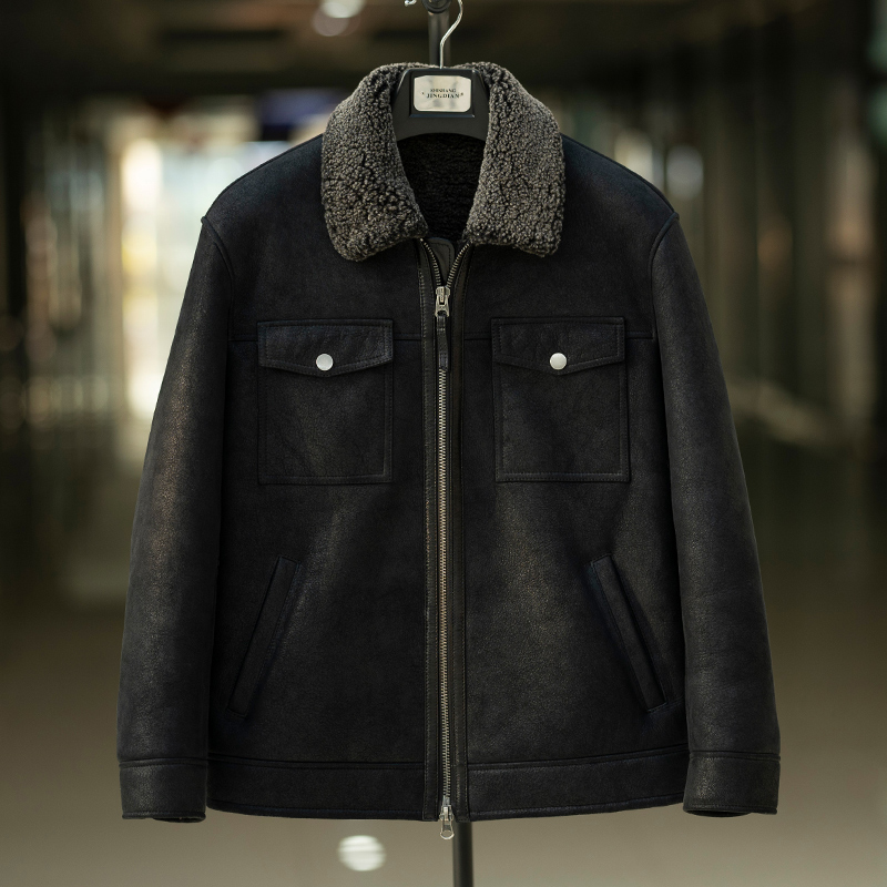 时尚羊皮毛一体男原生态冬季保暖外套简约油蜡复古做旧羔羊夹克
