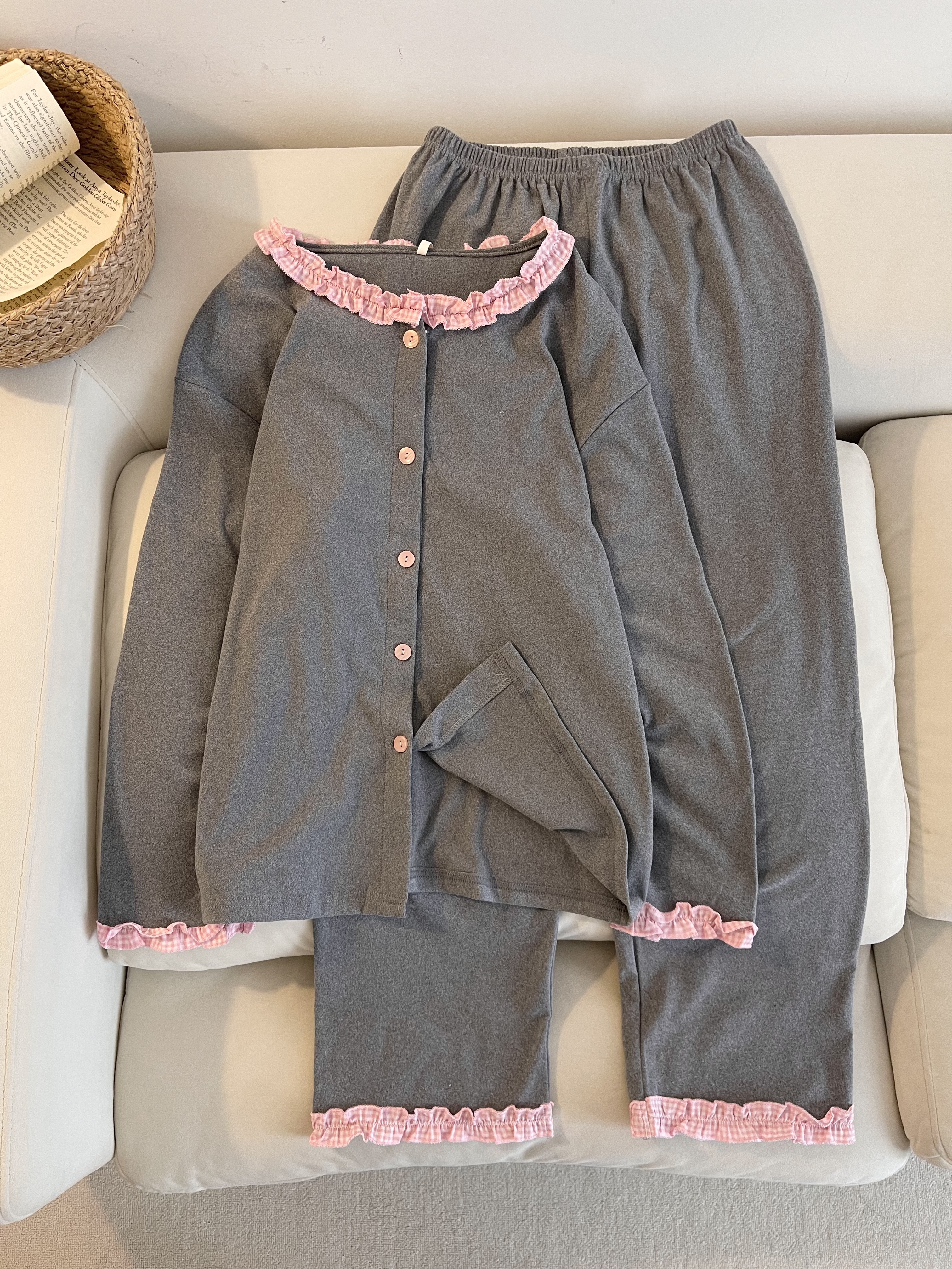 【DMXJ大梦想家】少女双面德绒睡衣女秋季甜美拼接荷叶边家居服套装