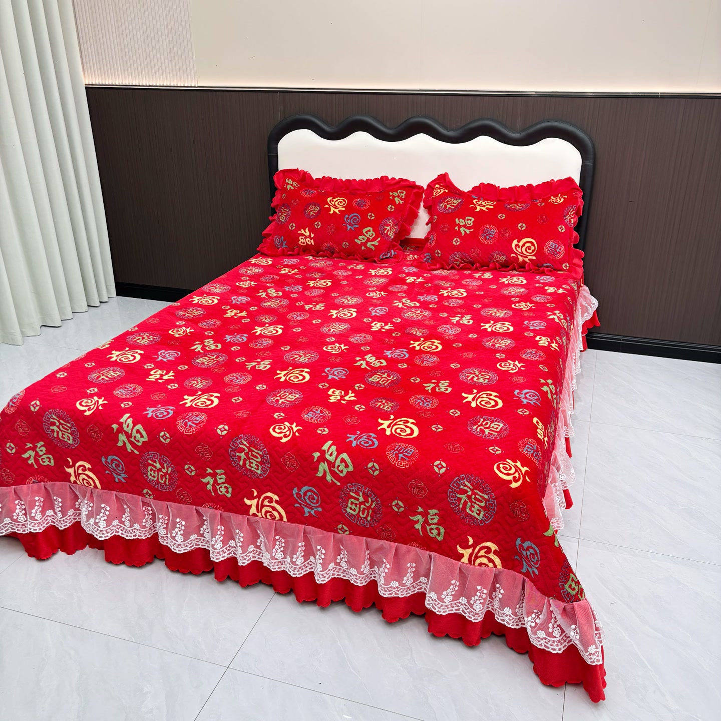 牛奶绒床裙床盖蕾丝边牛奶绒三层夹棉床罩新款花边爆款