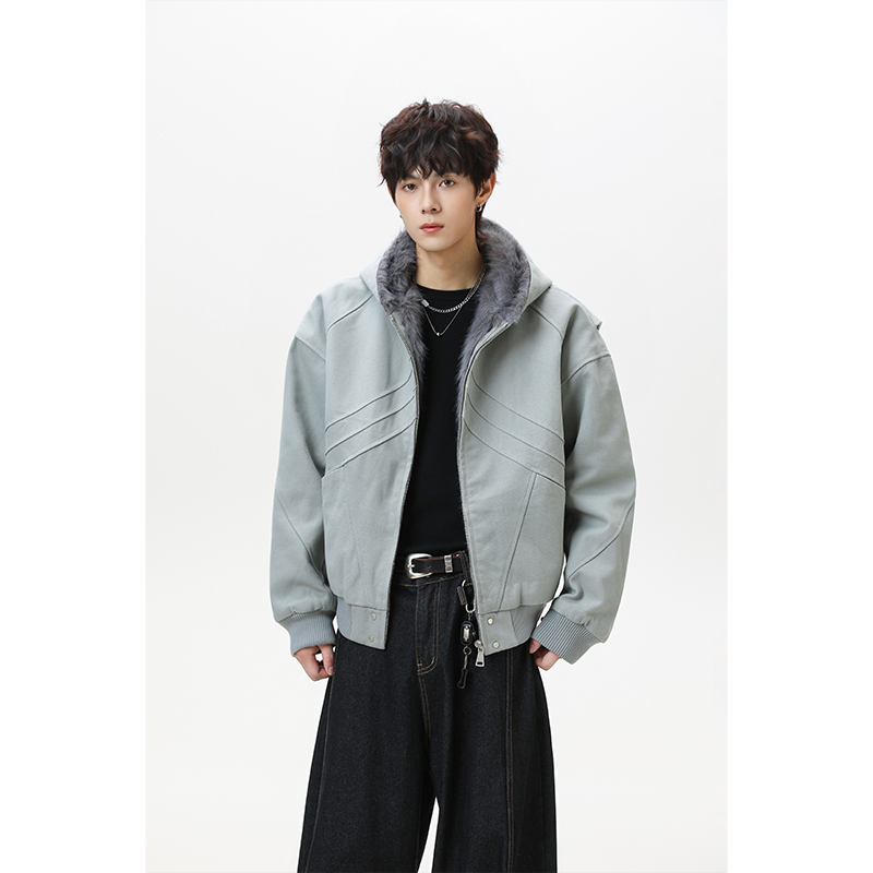 美式复古鲨雕座山雕棉服男女款冬季帆布裁剪加厚毛领情侣外套厚