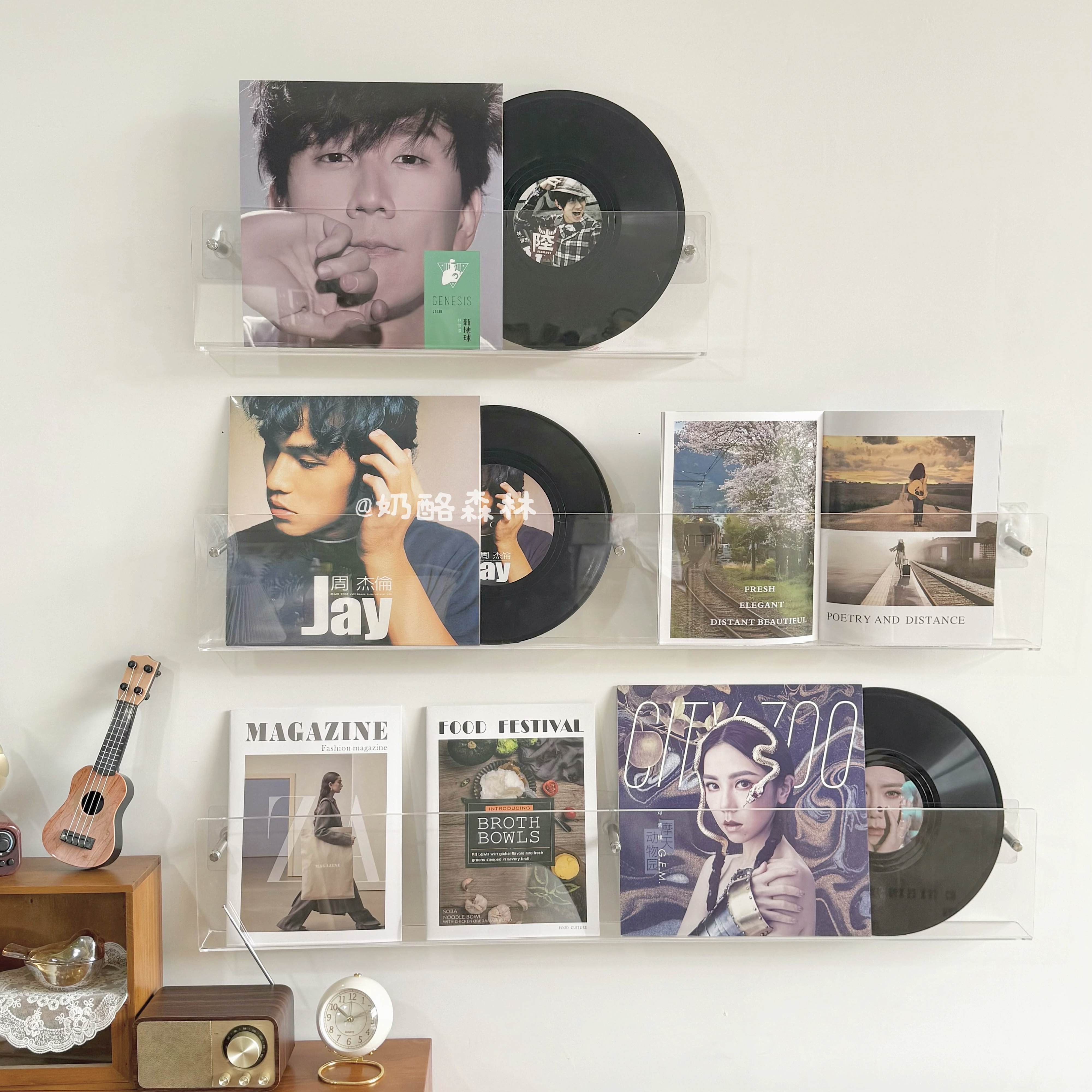 亚克力壁挂式透明书架黑胶唱片杂志架墙面装饰免打孔收纳展示架