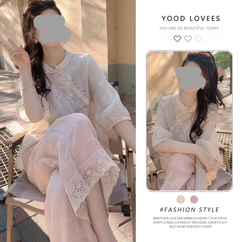 2025夏季新款刺绣新中式宽松型温柔风圆领上衣花边长裤时尚两件套