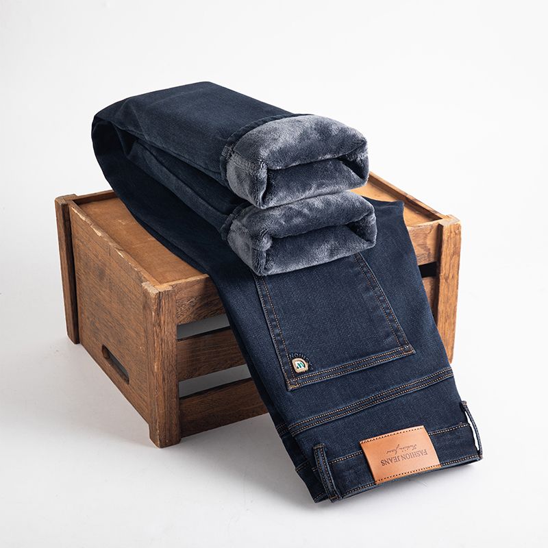 老爷车加绒加厚牛仔裤直筒宽松高腰弹力商务休闲裤裤子男款秋冬款