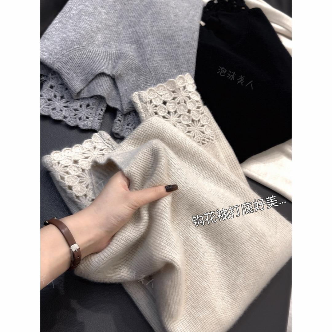 正品撤柜羊毛衫袖口钩花半高领针织衫毛衣秋冬新款纯色打底上衣