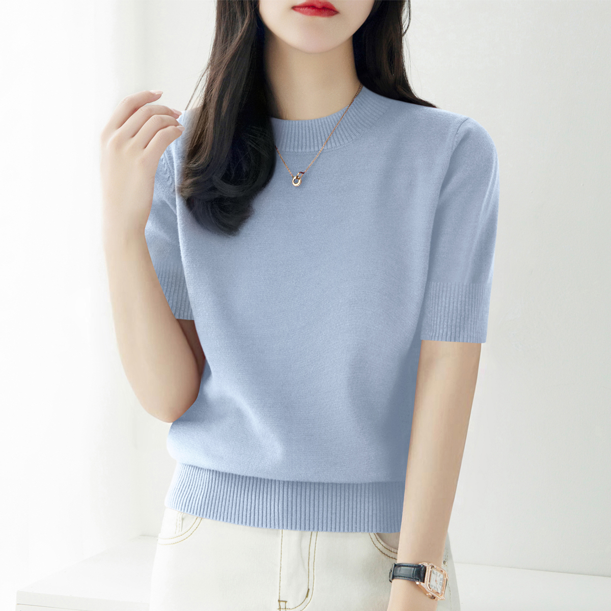 2025年时尚五分袖显瘦针织衫女秋季新款气质圆领宽松内搭打底上衣
