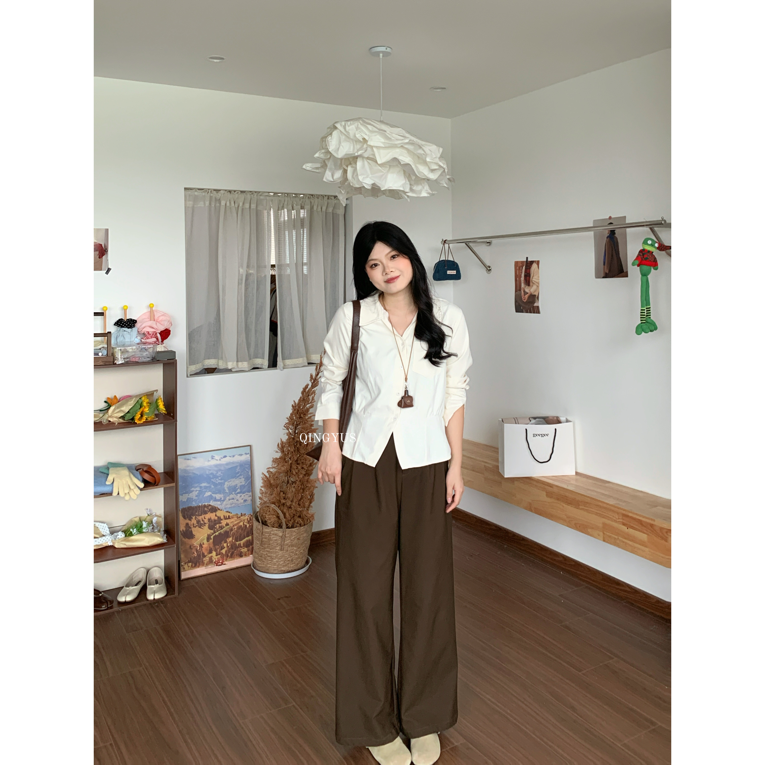 青屿衫-微胖显瘦韩系设计感百搭正肩衬衫女气质掐腰上衣秋季大码