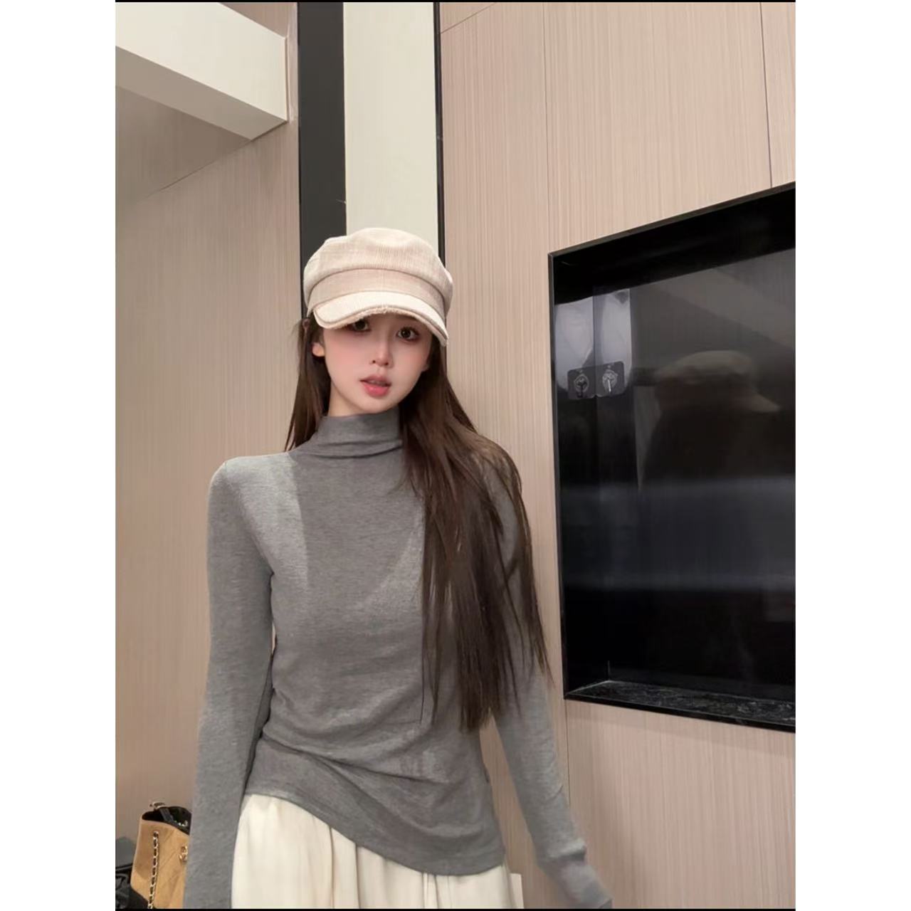 早秋新款半高领修身长袖内搭打底衫气质修身紧身上衣