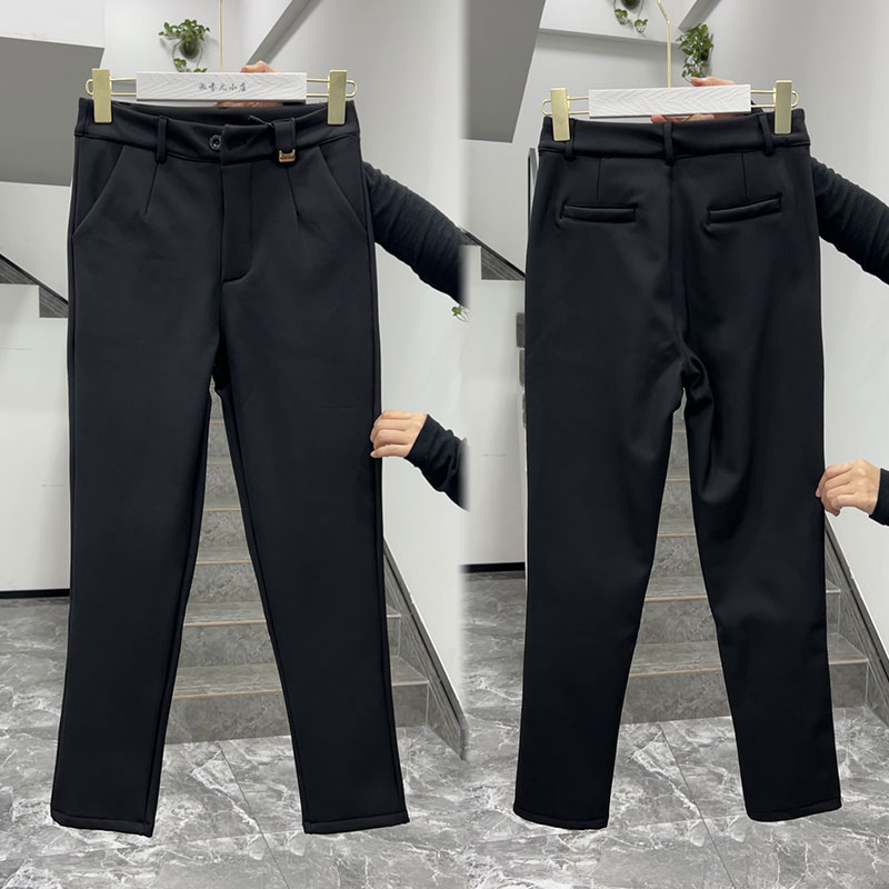 加绒黑色西裤休闲裤百搭小黑裤显瘦九分小脚裤胖mm大码女裤长92cm