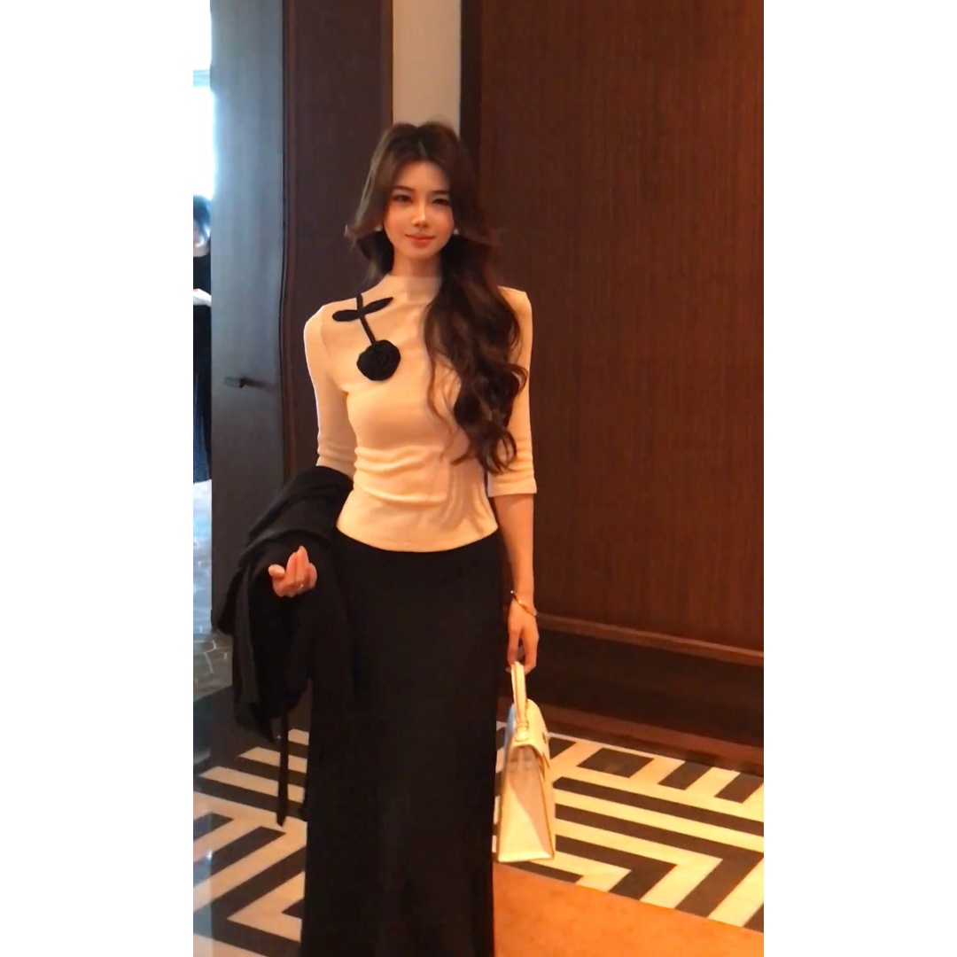 parkyeon法式立体花朵半高领中袖针织衫女高腰显瘦a字半身裙套装