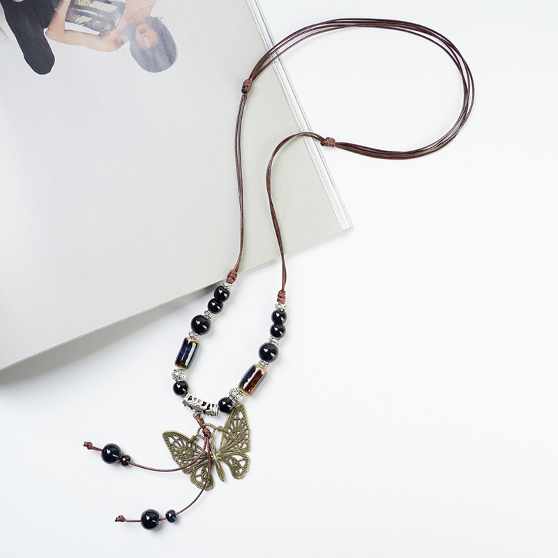 合金陶瓷项链 新中式蝴蝶复古项链女陶瓷串珠禅意民族风百搭配饰