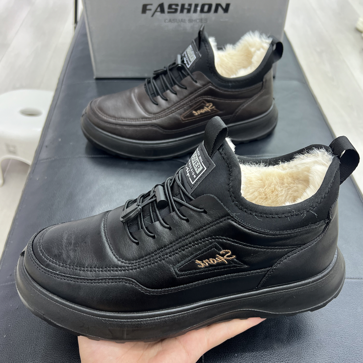 运动休闲鞋冬季休闲纯色高帮棉鞋平跟低跟户外休闲鞋男士一脚蹬鞋