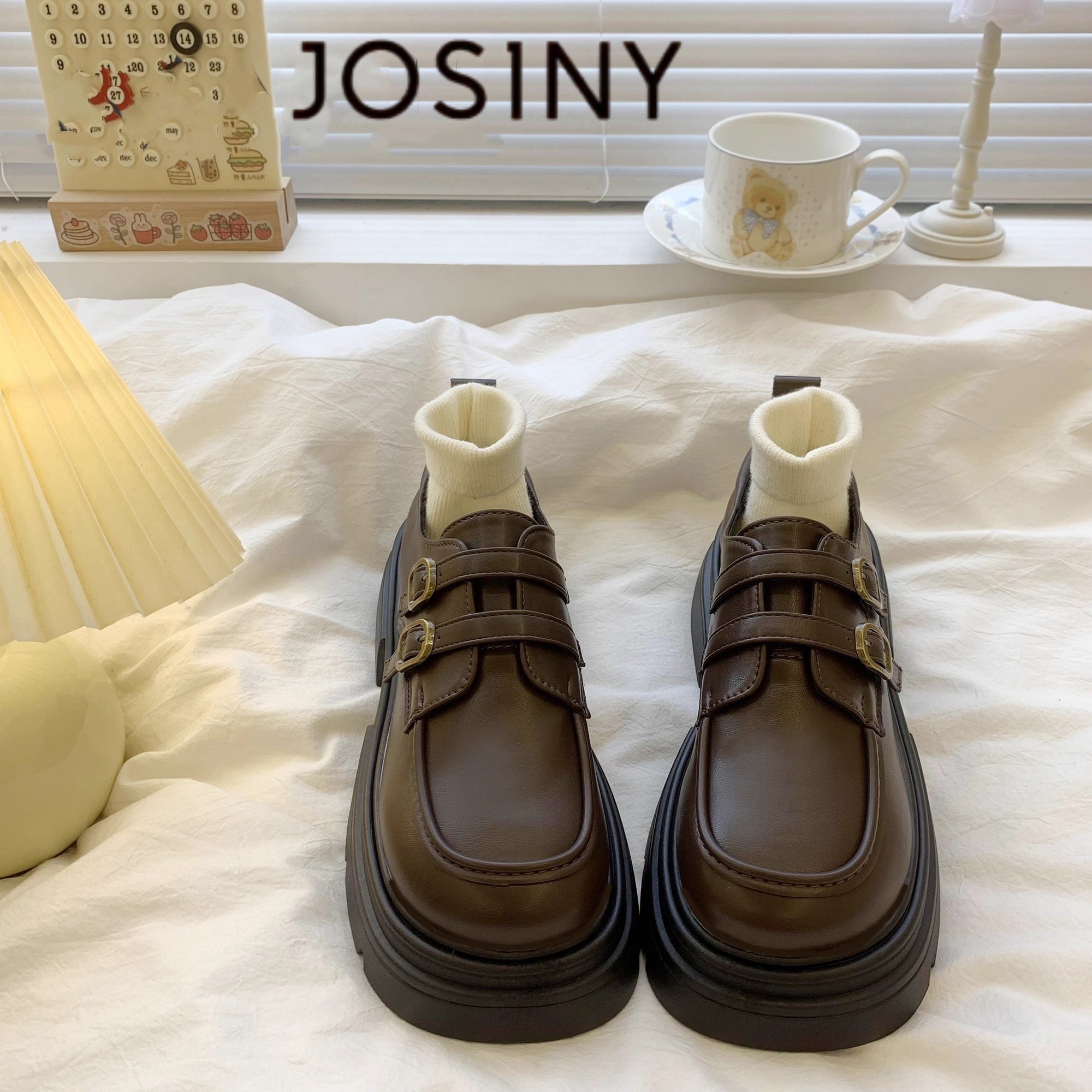 卓诗尼【断码清仓】小皮鞋女2025秋季新款百搭英伦风厚底增高乐福鞋