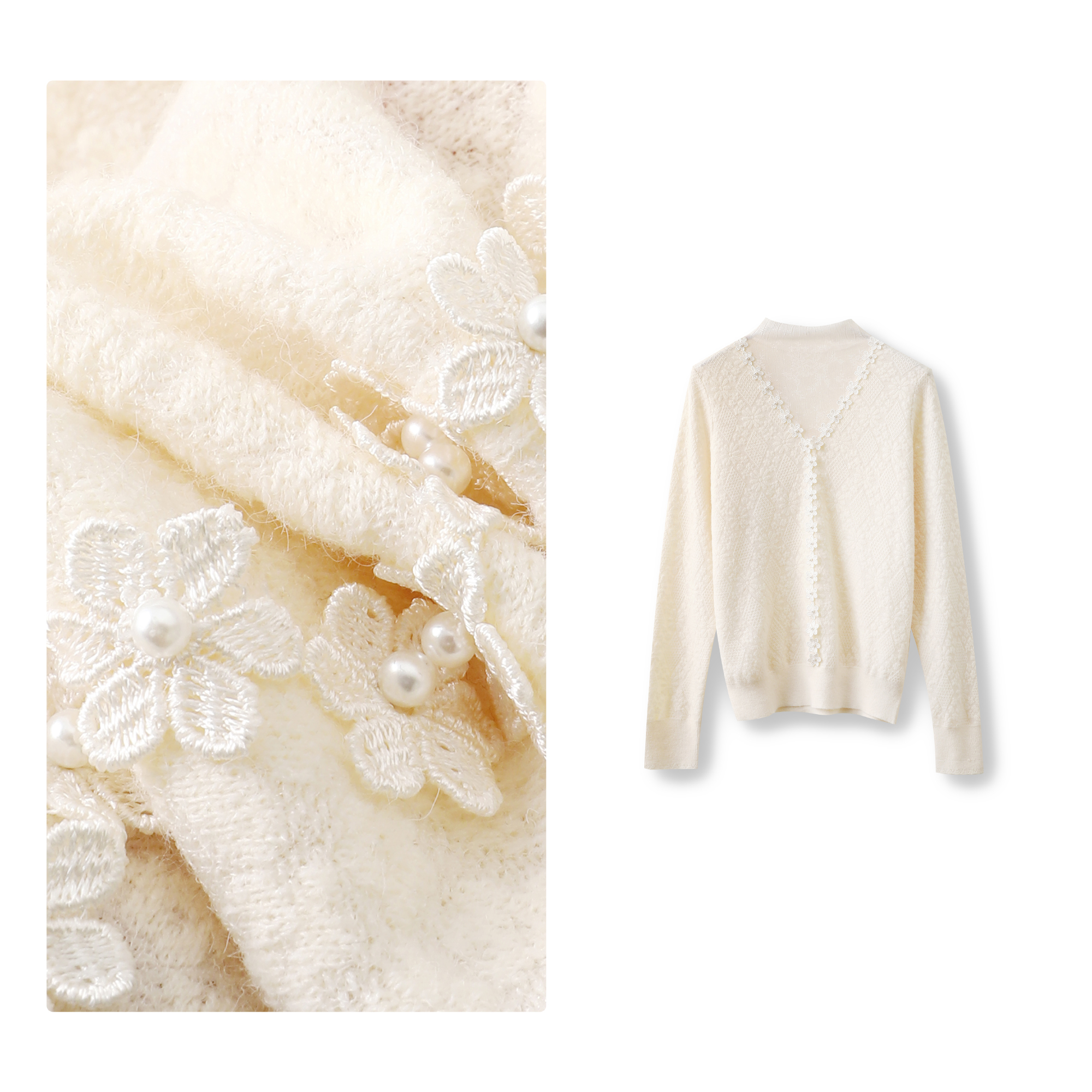 B 门店39&9！奶油针织衫」法式浮雕花蕾半高领针织打底上衣女 T4862