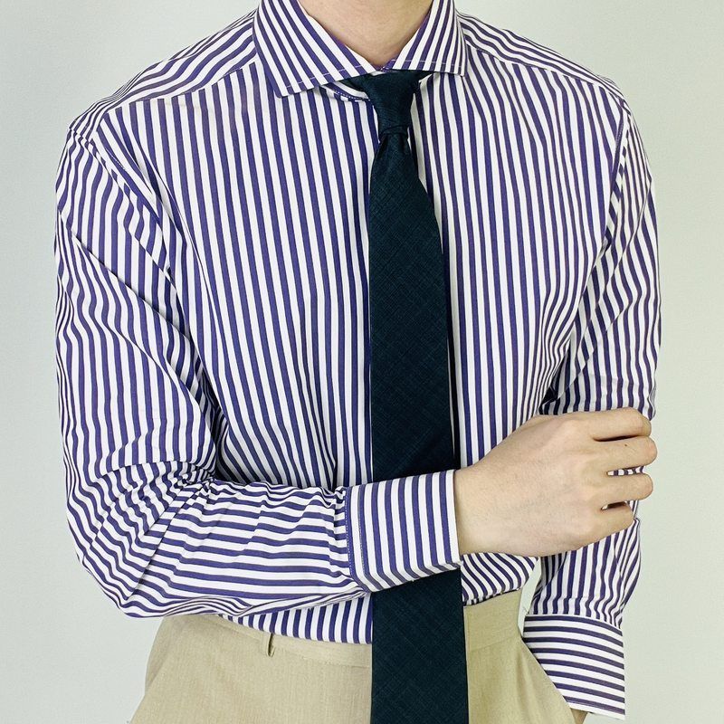 品质新款男士温莎领长袖衬衫经典复古细条纹红色紫色上衣蓝色藏