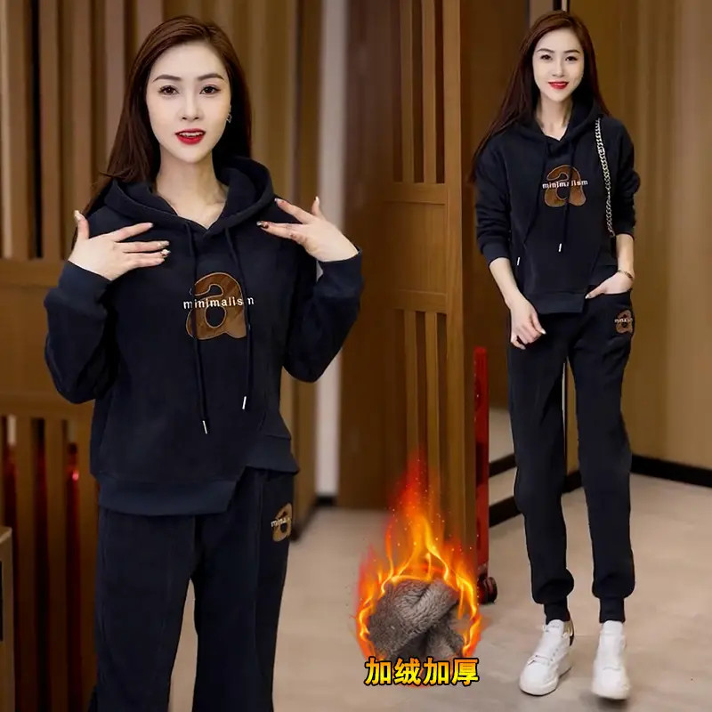 加绒加厚休闲套装女2024秋冬新款洋气显瘦连帽卫衣运动卫裤两件套