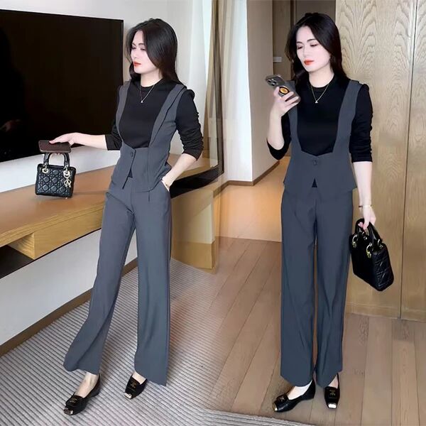 极简风轻熟风时尚韩版洋气显瘦套装减龄宽松连体休闲西装高腰长裤