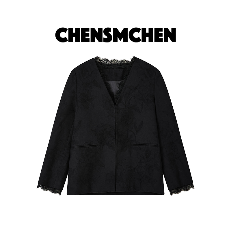 CHENSMCHEN 绵羊毛黑色V领外套女时尚休闲蕾丝拼接上衣CSW5662TT