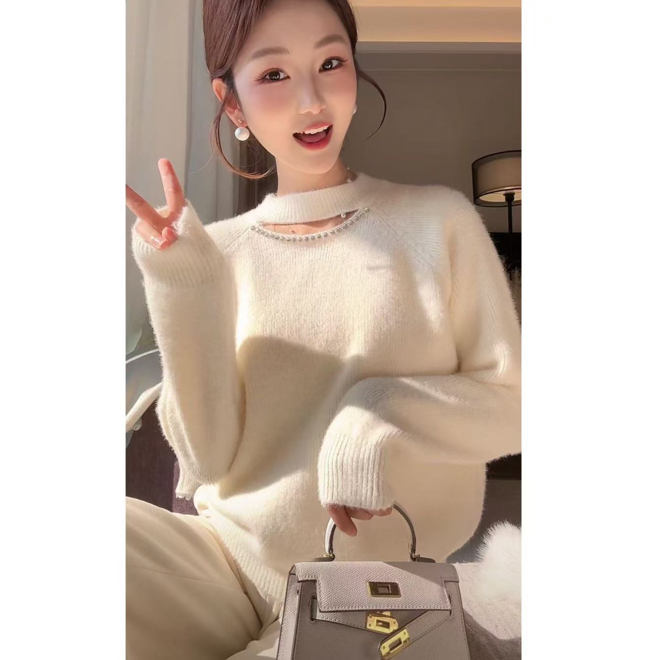 不起球 软糯温柔风钉钻亮丝毛衣女小心机设计感针织衫上衣