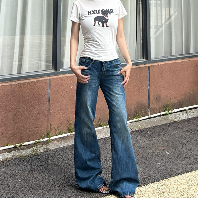 韩版高个子水洗显瘦百搭牛仔裤女秋季新款低腰复古设计感直筒长裤