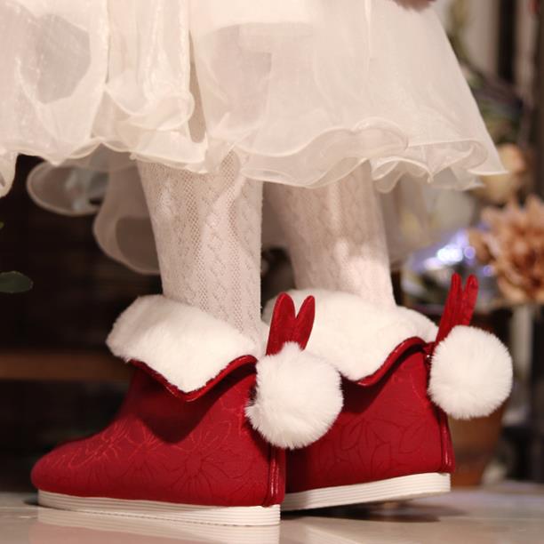 时尚舒适秋冬汉服靴子单靴慵懒百搭布靴古风布鞋红色兔兔汉服鞋潮