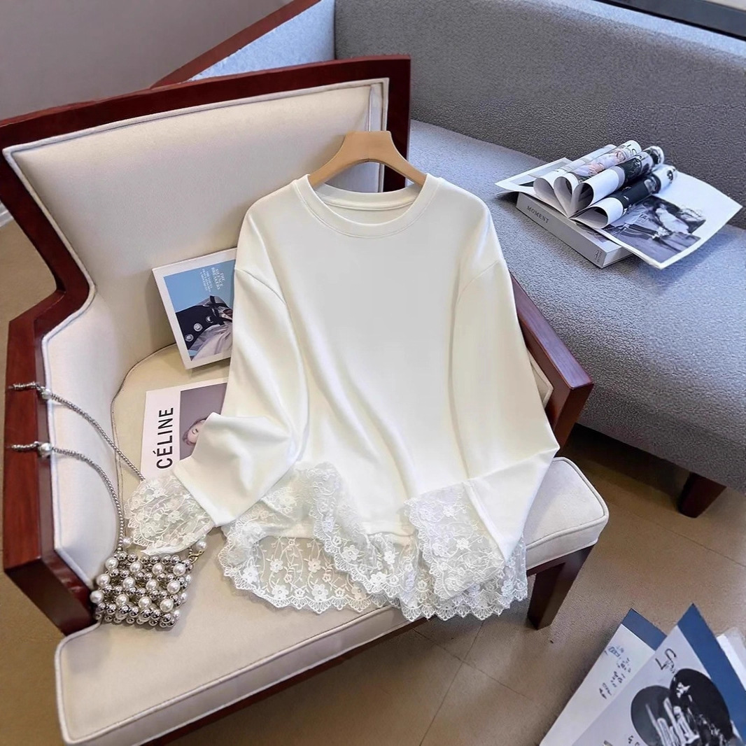 欧货秋冬白色长袖恤女蕾丝冬新款加绒中长内搭打底衫外穿遮屁股
