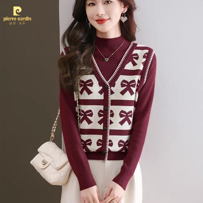 皮尔卡丹秋冬时尚半高领假两件毛衣女短款宽松拼色遮肉显瘦洋气针