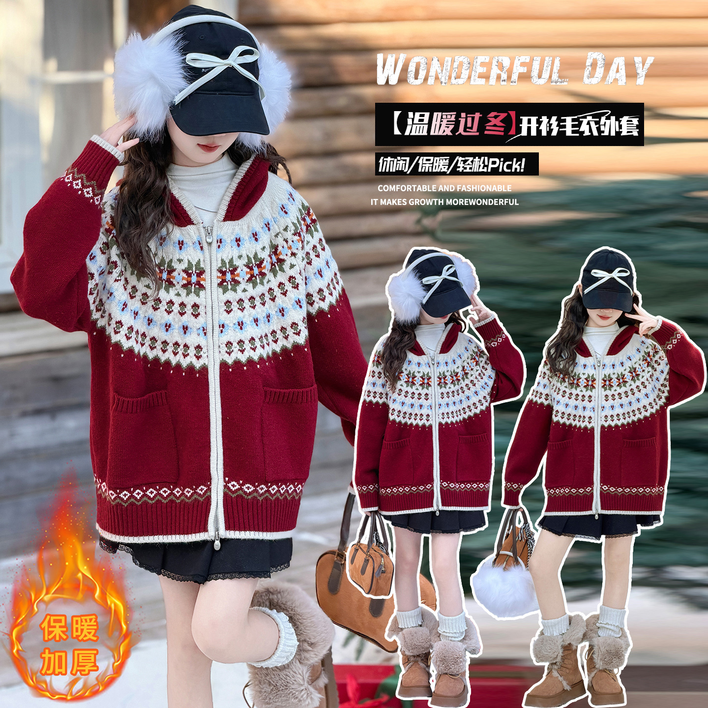 女童圣诞节毛衣外套秋冬加厚2025新款儿童新年洋气大童针织衫童装