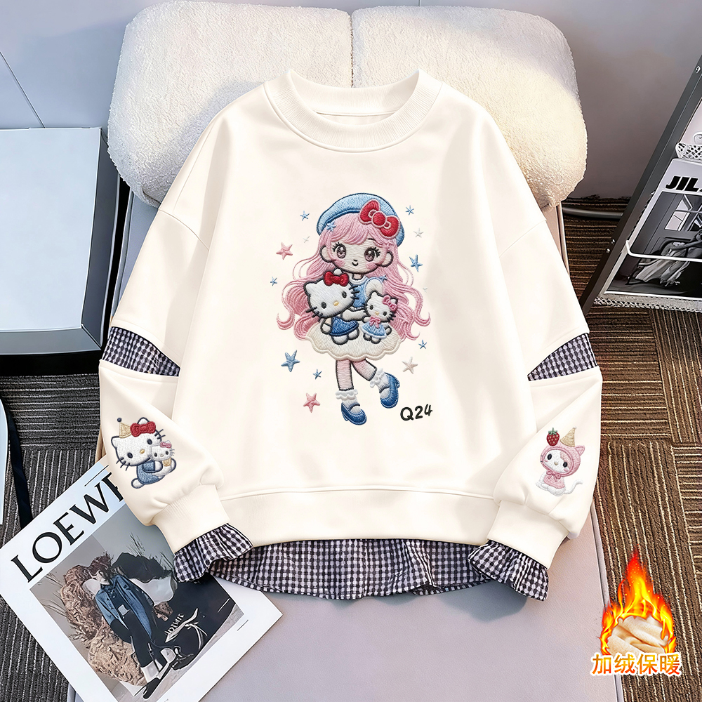 女童2025新款假两件拼接秋冬季保暖加绒洋气时尚中大童百搭卫衣