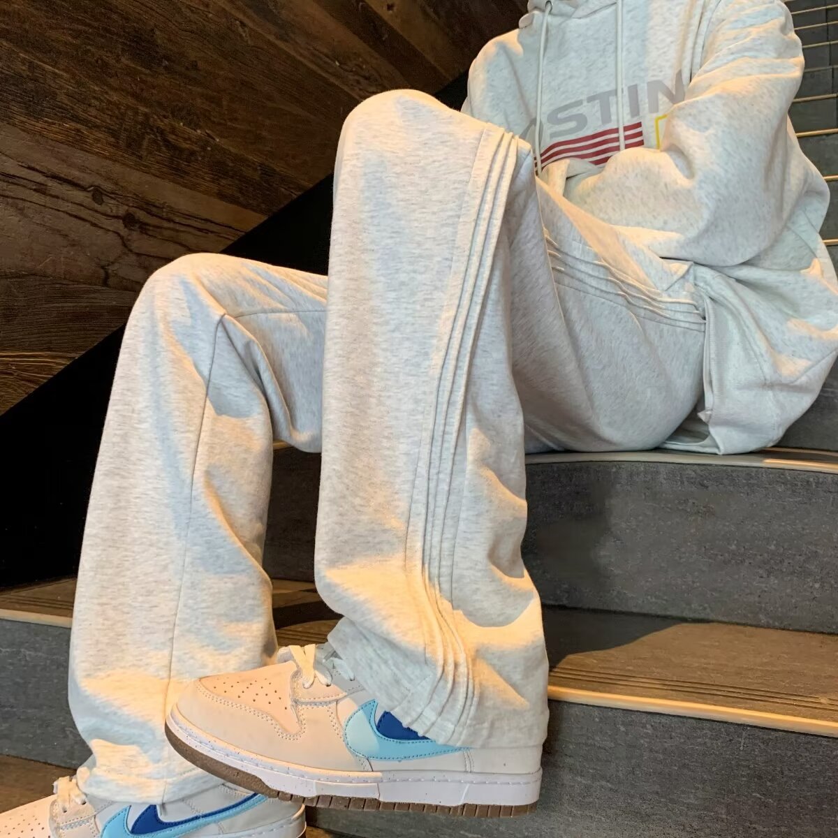 重磅宽松休闲卫裤男春秋美式复古灰色阔腿裤子青少年垂感运动长裤