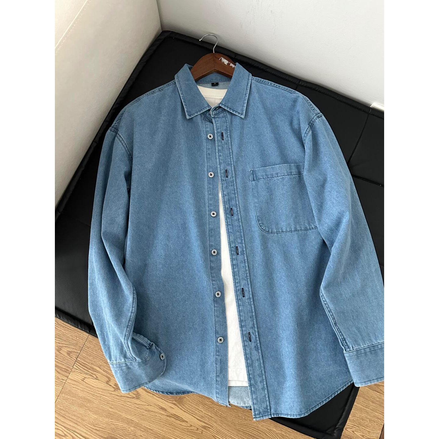 浅蓝色牛仔衬衫男秋季新款港风痞帅长袖衬衣水洗复古宽松夹克外套
