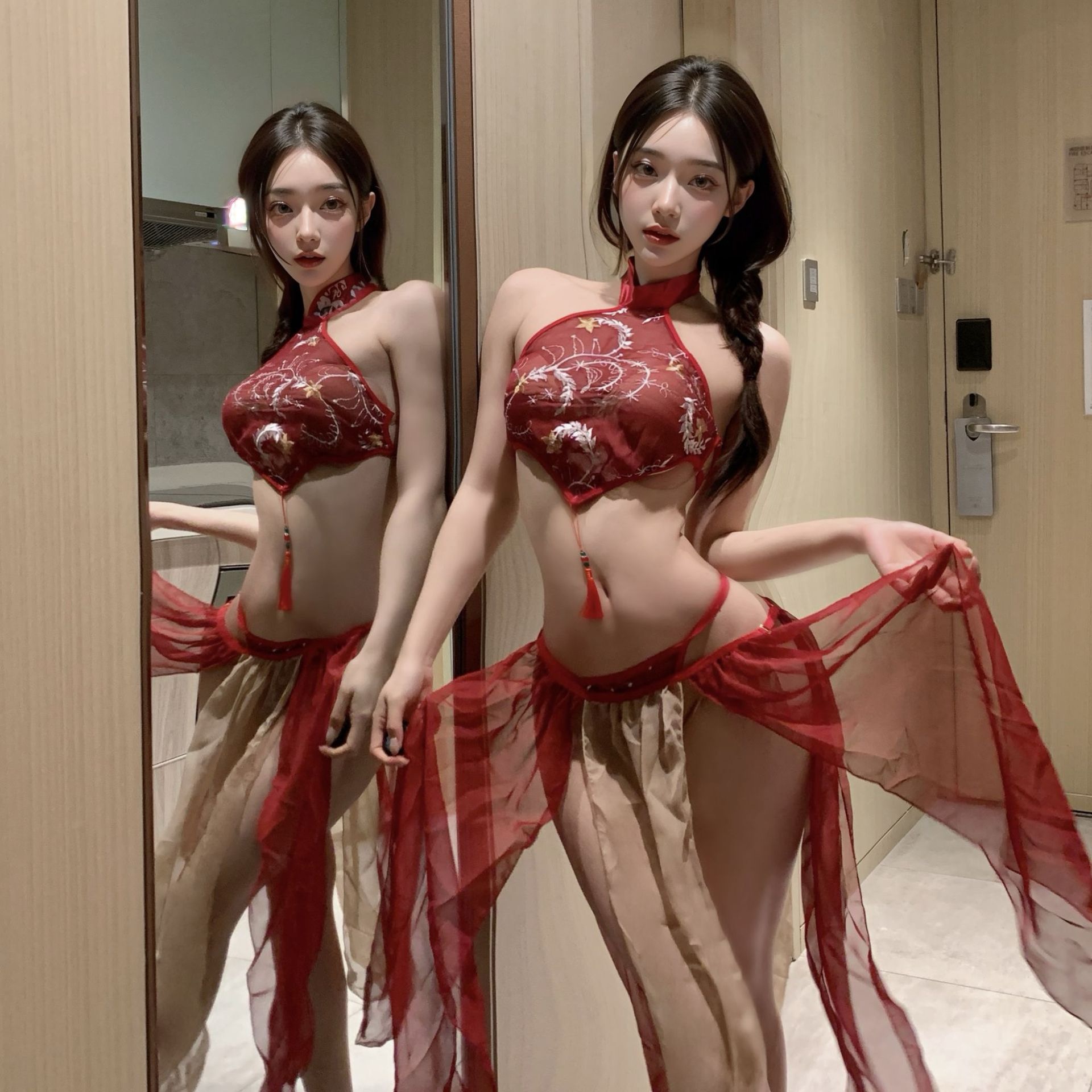 【国风性感暴击】龙纹刺绣挂脖肚兜三件套，红纱摇曳超撩人睡裙