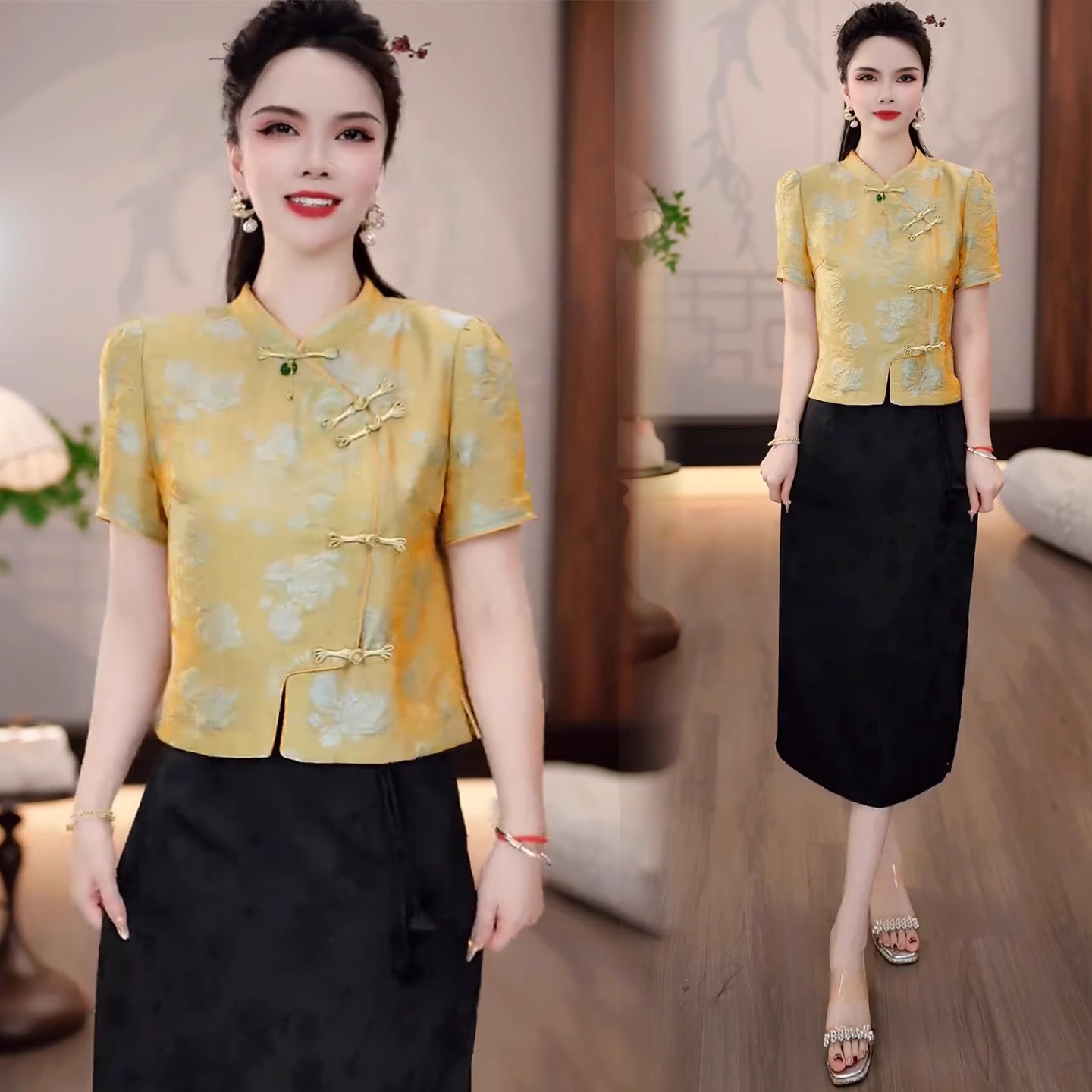 新中式国风套装女2025夏季新款洋气显瘦短袖盘扣上衣半身裙两件套