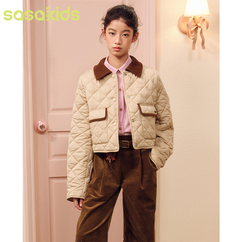 sasakids【可可奶砖】秋冬复古高智感棉服上衣撞色灯芯绒翻领外套