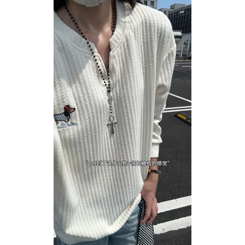 腊肠狗刺绣肌理感提花v领长袖t恤男女春秋潮牌内搭打底衫情侣上衣
