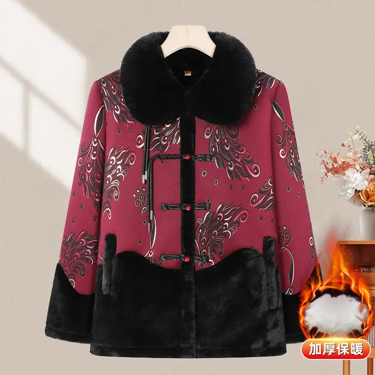 中老年女装秋冬高档烫金印花一体绒毛毛大衣气质妈妈装奶奶装外套