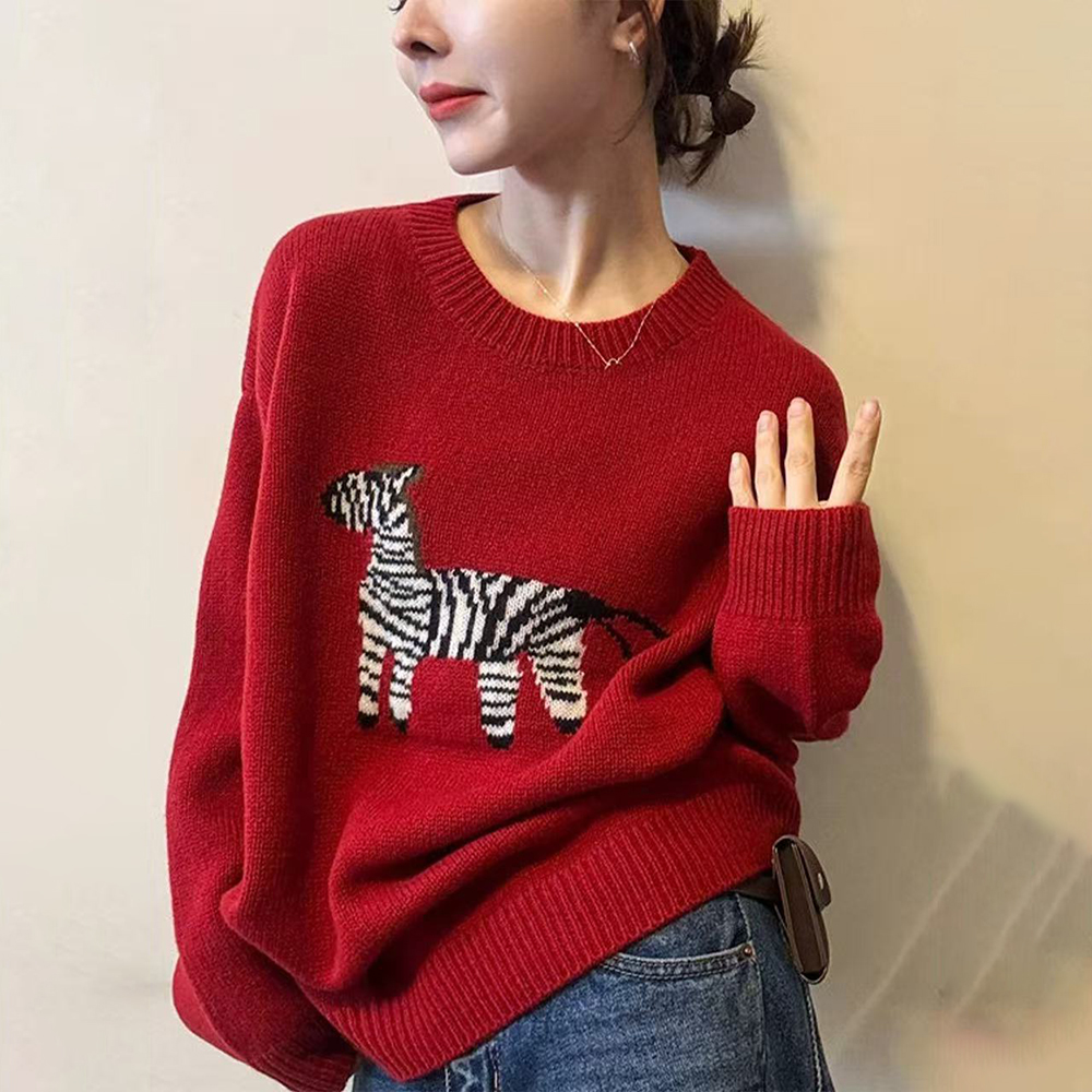 红色套头毛衣女士秋冬高级感洋气减龄刺绣宽松显瘦内搭针织衫上衣