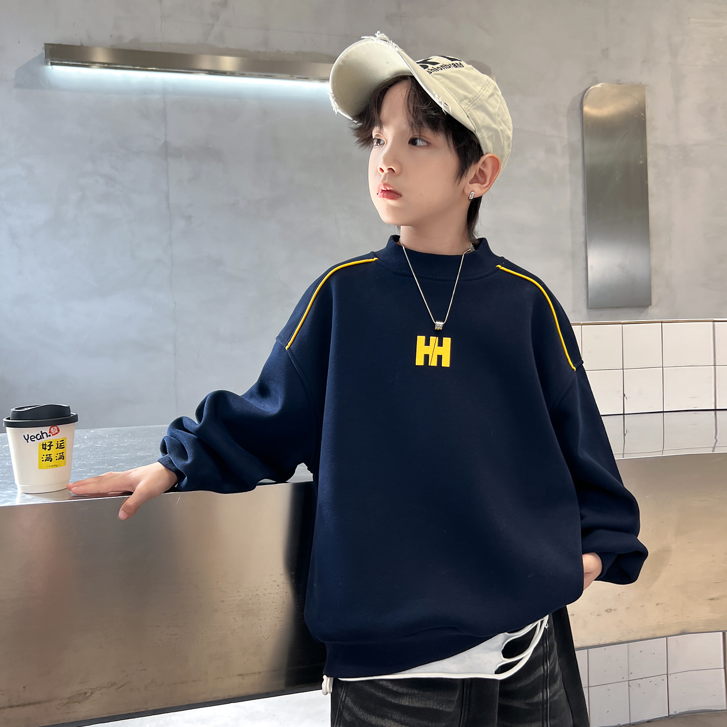 男童加绒卫衣2025秋冬新款中大儿童一体绒上衣加厚男孩冬装帅气潮