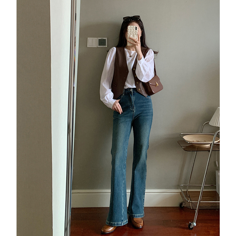 花总吖 【人鱼线】秋季新款高腰窄版复古蓝微喇牛仔裤R423Z05136