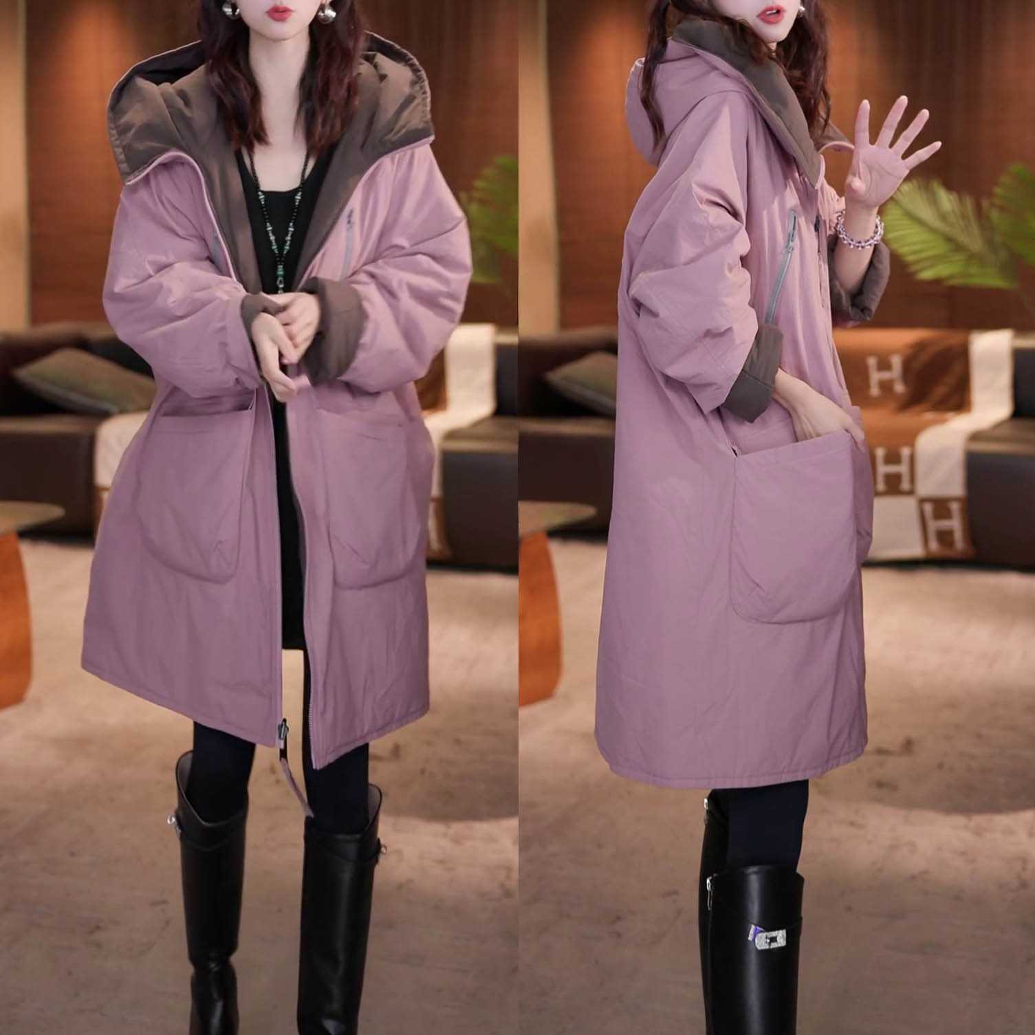 韩版时尚宽松遮肉显瘦中长款纯色撞色双面双穿棉衣2025秋冬新款女