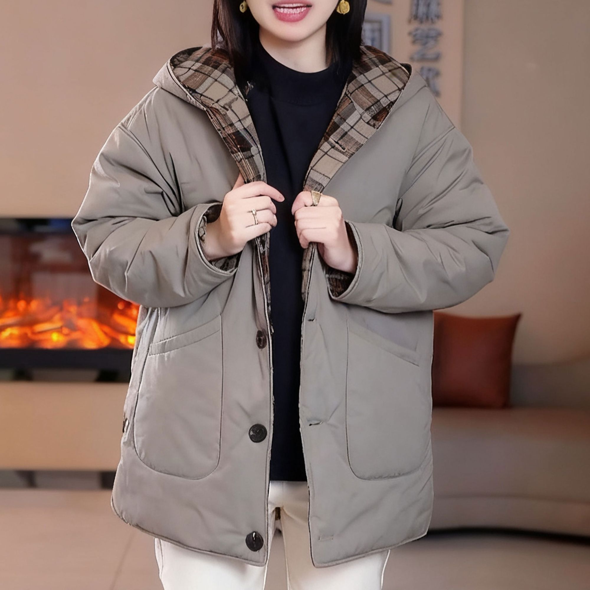 时尚格子拼接连帽防风棉衣2025秋冬新款双面双穿百搭减龄长袖外套