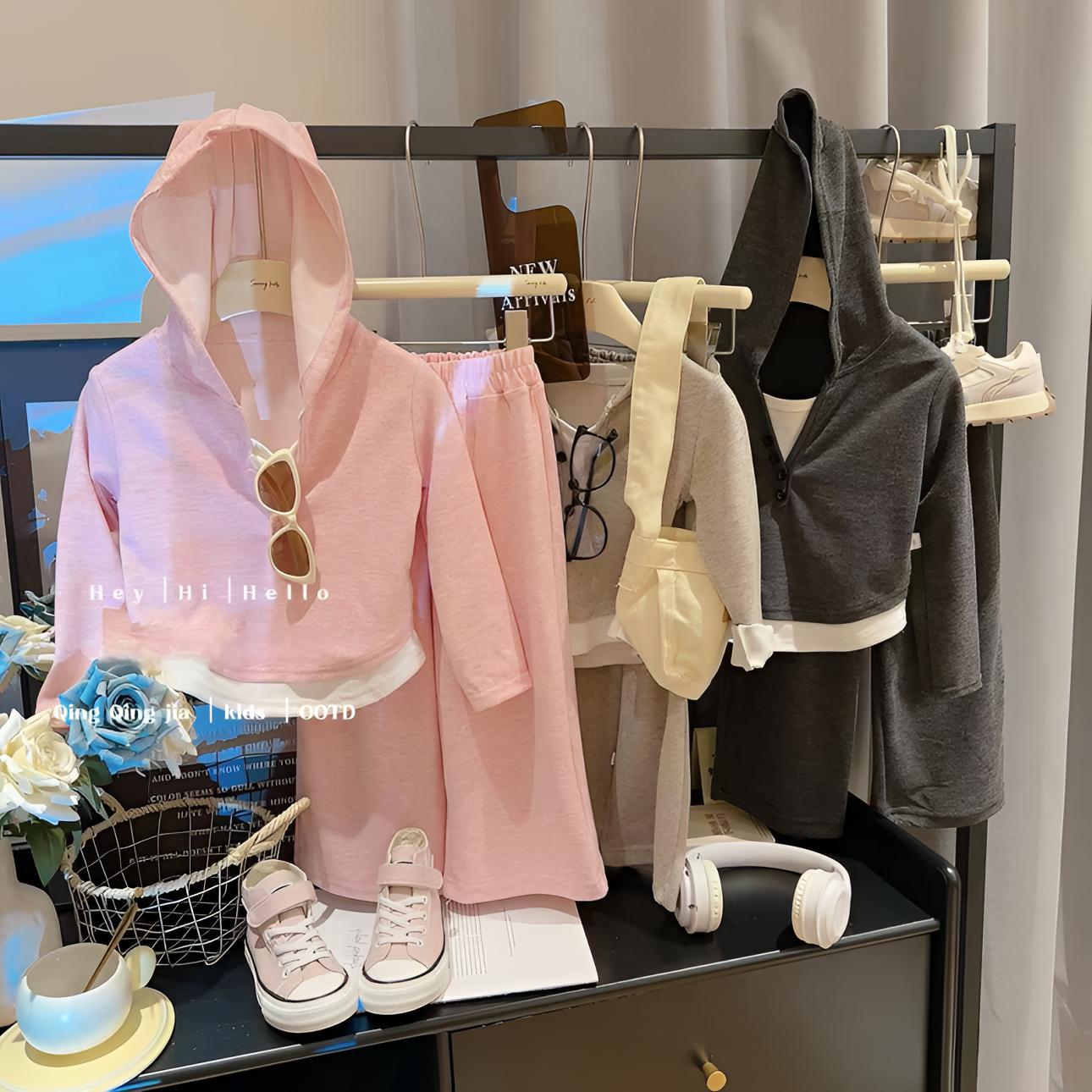 韩式风童套装慕斯绒假两件连帽打底衫阔腿裤两件套童装女童春秋季