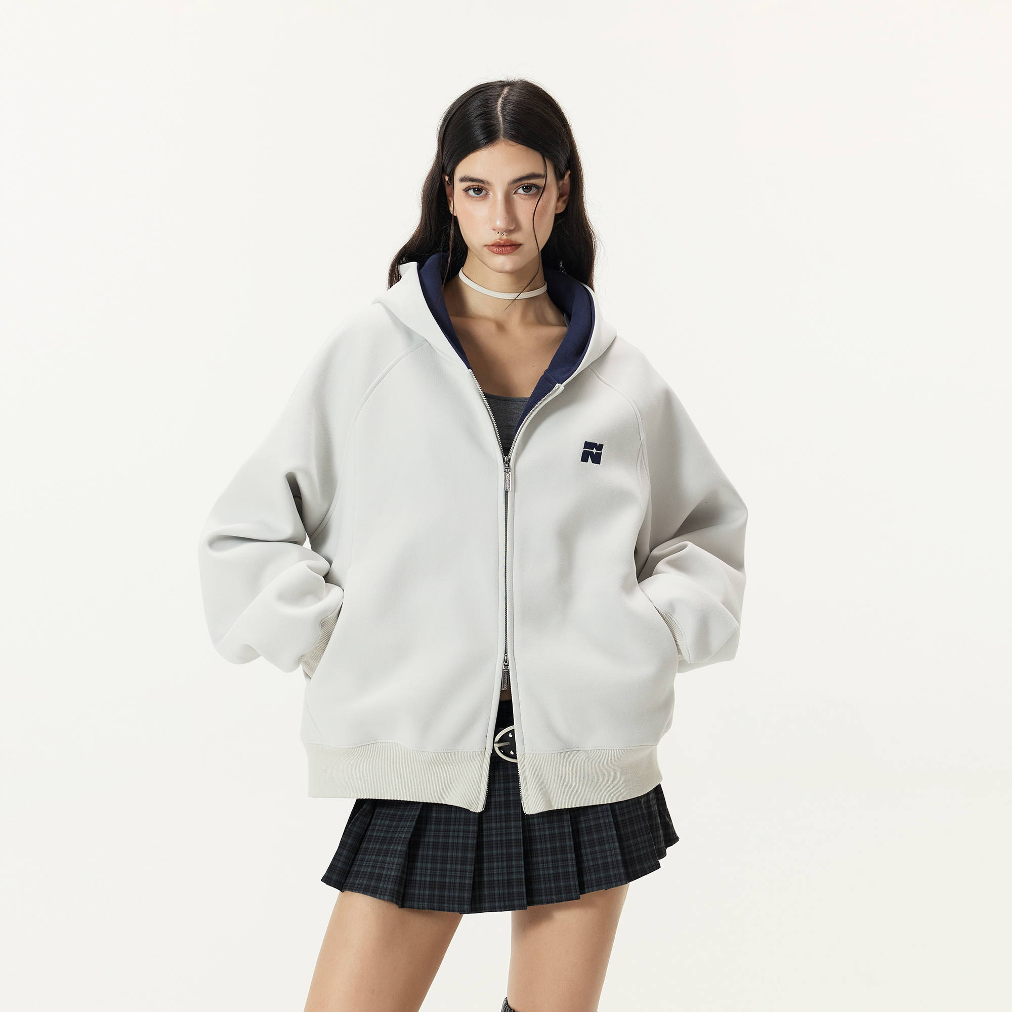 FORNINES微短款撞色刺绣双拉链开衫卫衣男女460g情侣连帽休闲外套