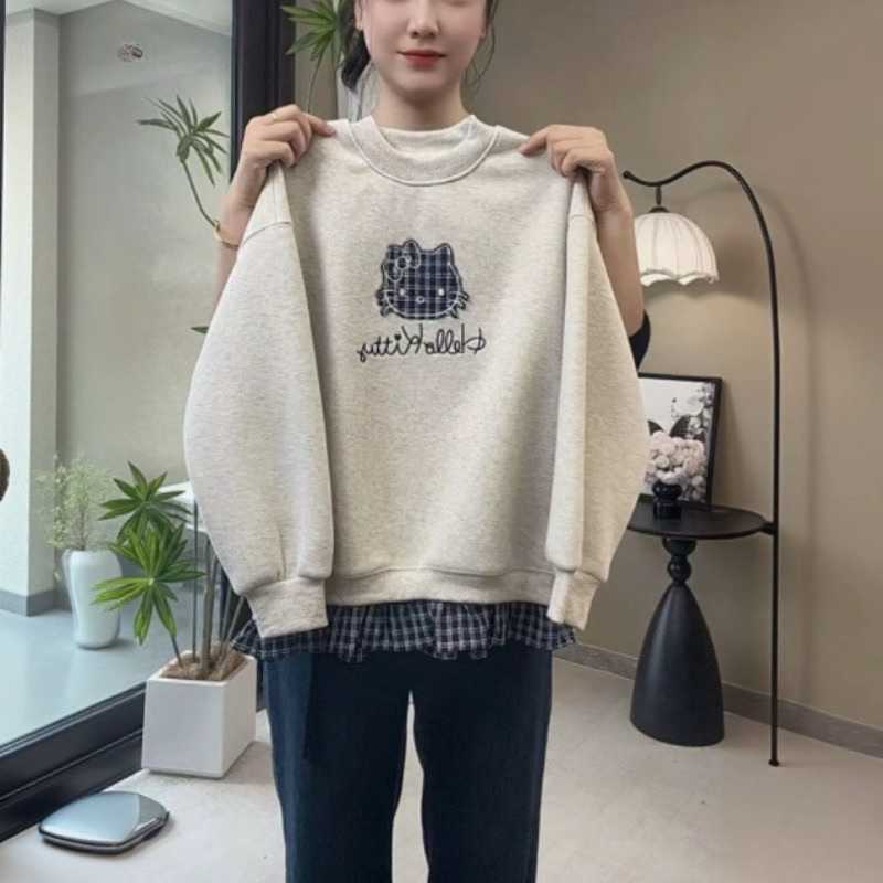 女童卫衣加绒假两件长袖卫衣刺绣小猫卡通绣花加绒秋冬款韩版上衣