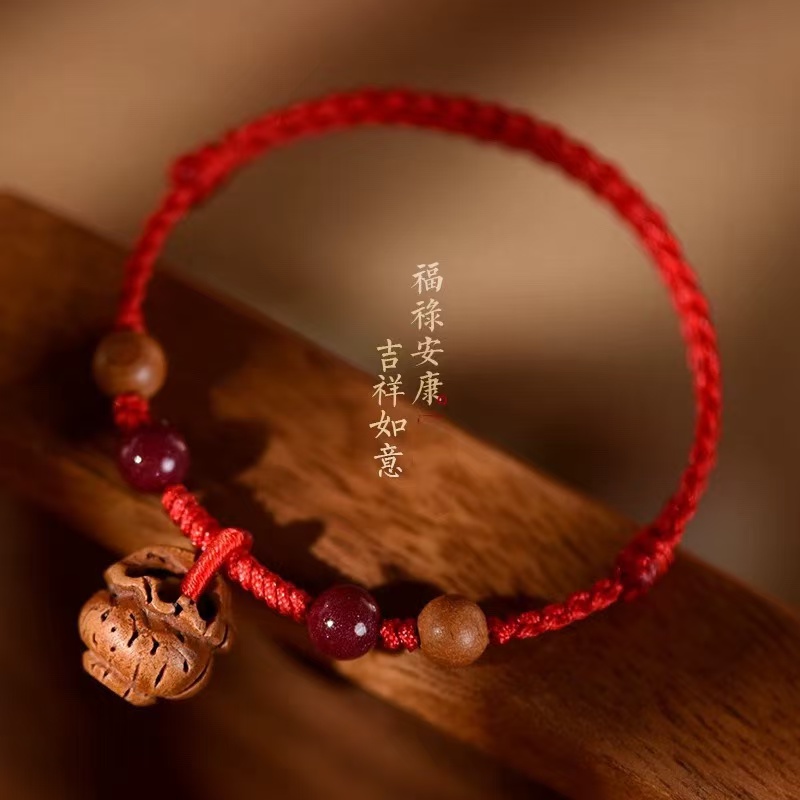 非金属木质手链 桃木桃核手链红绳朱砂桃木报平安成人手绳