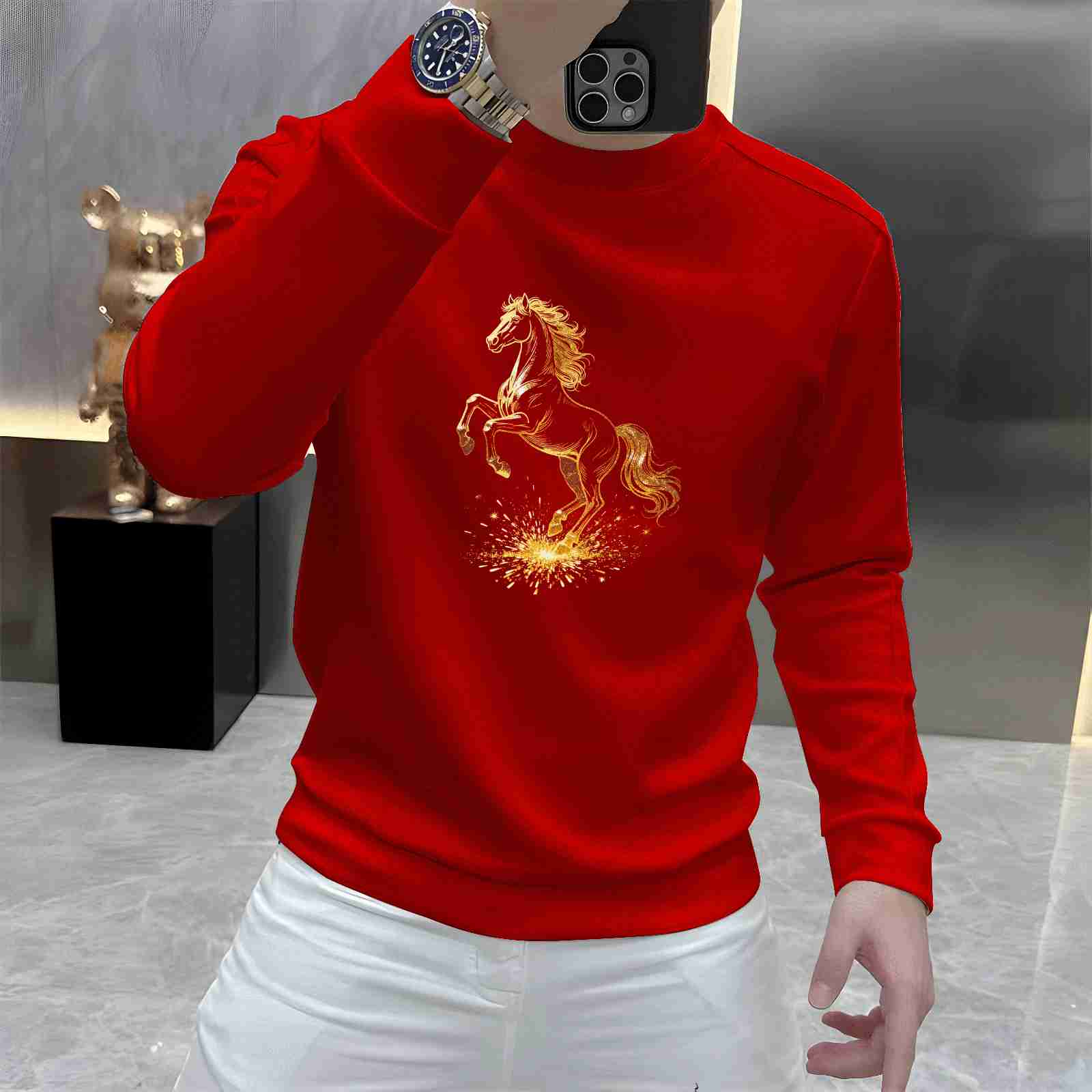 2026策马奔腾印花圆领卫衣痞帅街头宽松休闲秋季时尚男士潮流卫衣